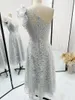 Party Dresses Silver Fashion Oblique Shoulder Mesh A -Shaped Performance Daily Dress Can Wear Evening Skirt M1792