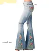 DESIGNERS Spring New Fashion Jeans Gradient Flower Print Imitation Denim Bell Bottoms High Waist Long Pants Plus Size Women Trousers 371 dfashion98