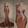 Sexy One Shoulder Mermaid Prom Dresses For Black Girl 2024 Sparkly Beaded Brown Satin Plus Size Evening Occasion Gown Vestidos De Novia