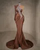 Sexy One Shoulder Mermaid Prom Dresses For Black Girl 2024 Sparkly Beaded Brown Satin Plus Size Evening Occasion Gown Vestidos De Novia