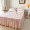 침구 세트 분홍색 면화 공주 웨딩 세트 흰색 레이스 이불 커버 베드 스커트 침대 침대 스프레드 플랫 시트 장착 베개.