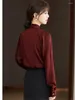 Kadınlar bluzlar zarif şerit kazık yakası uzun kollu şarap kırmızı bluz kadınlar bahar sonbahar ofis bayan gevşek işçi gündelik gömlek
