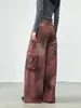 Kvinnors jeans high street hip hop burgundy stänk av bläck rakt hög midja jeans y2k baggy amerikansk slipsgolv moppande lastbyxor kvinnor 231124