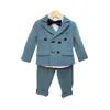 Anzüge Frühling Herbst Kind Zweireiher Anzug Set Jungen Reine Farbe Blazer Hosen 2 stücke Kleidung Set Kinder Host Party Performance Kostüm 230424