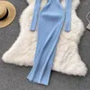Повседневные платья винтажные элегантные вязаные стройные свитер Midi Lady Wrap Hips Bodycon Корейская осенняя зима v Платье с длинным рукавом
