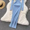 Casual Dresses Vintage Elegant Knitted Slim Sweater Midi Lady Wrap Hips Bodycon Korean Fall Winter V Neck Long Sleeve Dress