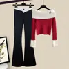 Women's Sweaters Women Spring Autumn Outfits Casual Sweater Trousers Set High Waist Flare Pants Suits Knitted Womens Y2k Two Piece