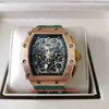 Topkwaliteit herenhorloge 44 mm x 50 mm RM11-03 Skeleton 18k Rose Gold Designer Horloges Groene elastiekjes Saffier Transparant Mechanisch Automatisch Herenhorloges