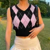 Women's Tanks Womens Vest Tops V Neck Argyle Knitted Fashion Contrast Color Plaid Sleeveless Crop Top Pullover Sweater