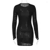 Casual jurken Hollow Out Black Bodycon Short Mini Evening Club Birthday Dress Women Y2K Streetwear Long Sleeve Summer Desse Vestido