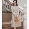 Casual Dresses Women Apricot Turtleneck tröja Retro French Mesh Patch Fashion Elegant Korean Strap Dress Autumn Vestido Mujer