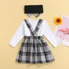 Clothing Sets 2023 0-24M Infant Baby Girl Clothes Set Wihte Solid Long Sleeve O Neck Romper Button Plaid Print Suspender Skirt Headband Fall