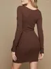 Casual Dresses Women Evening Party Dress Solid Color Ribbed Square Neck Bowknot Långärmad BodyCon Cocktail Mini