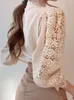 Women's Blouses Vintage White Lace Blouse Shirts For Women 2023 Autumn Button Loose Shirt Tops Female Hollow Sleeve Casual Office Ladies