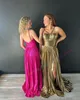 Gold Metallic Winter Formal Party Dress 2K24 Pleated Slit Preteen Lady Pageant Prom Evening Event Hoco Gala Graduation Homecoming Dance Gown V-Cut Open Back Peacock