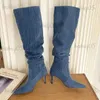 Laarzen Geplooide Hoge Hakken Denim Laarzen voor Vrouwen 2023 Herfst Jeans Kniehoge Cowboy Laarzen Vrouw Blauw Dunne Hakken Lange Botas Feminina T231124