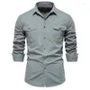 Mäns casual skjortor #4607 Spring Long Sleeve Loose Solid Color Cargo Business Shirt Tickets Cotton Turn-Down Collar