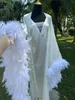 Women's Sleepwear Feather Trim Floor Length Wedding Dressing Gown Set White Boudoir Satin Kimono Bridal Robes Long Silk Lingerie Gift Robe