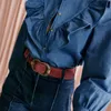 Jesienne dżinsy i zimowe ciemnoniebieskie highwaisted proste spodnie z mankietą krawędź walcowanego pasa wideleg Jean 230422