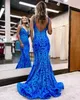 Royal Blue Mermaid Prom Dresses Paillettes Pizzo Abito da sera per feste Abito lungo per occasioni speciali senza schienale