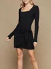 Casual Dresses Women Evening Party Dress Solid Color Ribbed Square Neck Bowknot Långärmad BodyCon Cocktail Mini