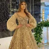 Party Dresses Luxury Gold Sequins Pärlor Prom Long Puff Sleeves A-Line Wedding Woman Evening Glown Custom Vestidos de Fiesta