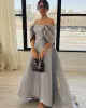 Classy Long Off the Shoulder Satin Evening Dresses Short Sleeves with Bow A Line Sweep Train Party Gowns