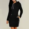 Casual Dresses 2023 Women's Dress Kne-Längd fickor huva varm svett skjorta långärmad sida zip halsringning enkel sport kjol