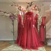 Lässige Kleider Real Image Elegante rote A-Linie Lange Tüllkleider Frauen zu Event-Party Puffärmel Hoher Kragen Big Bow Prom Brautkleid