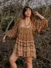 Повседневные платья Бохо вдохновляют с длинным рукавом мини-платье V-образного выхода весеннее осенние женщины цветочный принт милый свободный пляж самка