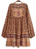 Повседневные платья Бохо вдохновляют с длинным рукавом мини-платье V-образного выхода весеннее осенние женщины цветочный принт милый свободный пляж самка