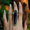 Cluster Rings Boho Blue Black Stones Ring Silver Color For Women Statement Floral Party Jewelry