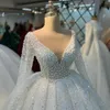 Luxury Ball Gown V-Neck Wedding Dress 2024 Arabic Dubai Tulle Pearls Beaded Illusion Long Sleeves Bride Formal Gowns Vestido De Noiva