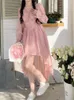 Casual klänningar 2023 Spring Women Sweet Pink Fairy A-Line Dress Female Long Sleeve Ruffle Square Collar Oregelbundet Princess Cute Prom