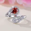 Cluster Rings Pear Cut Red Stone Water Drop Zircon Wedding Bands Silver Color Opening Vintage Teardrop Index Finger For Women Jewelry CZ