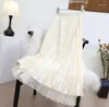 Skirts Beige Color Mesh Patchwork Women Long Skirt Summer Fashion Pleated Shirring