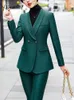 Kvinnors tvåbitar byxor yitimuceng kostym för kvinnors kontor bär 2023 koreanska mode fasta smala långärmade enkla klassiska blazers hög midja