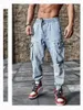 Heren jeans lading broek pocket decor licht blauw rekbare sporten fitness los wasbare wasbare casual mannelijke spijkerbroeken's