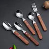 Dinnerware Sets 3Pcs Spoon And Fork Set Wooden Handle Stainless Steel Outdoor Camping Cutlery Compact Reusable For Camping/Hiking