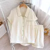 Kvinnors sömnkläder 2023 Japansk sommarpyjama Set Cotton Crepe Woven Short Sleeve Shorts Ladies Thin Cardigan Heminredning