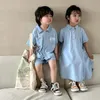 衣類セット男の子かわいいデニムセット薄いソリッドシャツダブルポケットショーツギール子供ターンダウンカラードレス兄弟姉妹