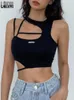 Camisoles Tanks Crop Top Femmes Évider Blouses Noires Sans Manches Skinny Cool Punk T-shirts Techwear Été Sexy Débardeurs Y2k Vêtements 230424