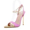 Женская обувь Candy Color заостренные ноги Stiletto Sandals Металлическая цепь больших сандалий каблуки женщин 2023