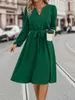 Casual Dresses Women 2023 Autumn Solid Kne Length Dress Lång ärm V Neck Pets upp Green Black Office Lady Fall Elegant Robe