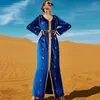エスニック服caftan marocain手縫いダイヤモンドロイヤルブルーベルベットドレスパーティーマキシアバヤウーマンドバイラグジュアリーイブニングドレスラマダン