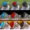 Handmade Turkish Signet Rings for Men Ancient Silver Color Carved Ring Mystic Zircon Inlay Punk