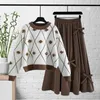 Two Piece Dress Winter Plus Size Flower Decoration Knitted Sweater Pullover Fold Half Skirt Elegant Women s Set 231123