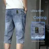 Jeans masculinos verão gelo-cool fino shorts elástico estilo coreano reto denim oversize casual calças de sete pontos