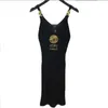 Basic & Casual Dresses Designer Sexy Portrait Embroidery With Branded Letters Gold Plated V-Neck Hanging Strap Metal Buckle Knitted Hip Wrap Dress Women's A3