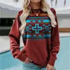 Damen Hoodies Frauen Crewneck Sweatshirts Geometrischer Druck Patchwork Langarm Lässig Ethnisch Pullover Damen Bluse Tops Sudadera Mujer